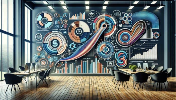 Sanity vs Vanity: A digital dashboard showcasing sanity metrics, including conversion rates and customer engagement graphs in a modern office environment.
