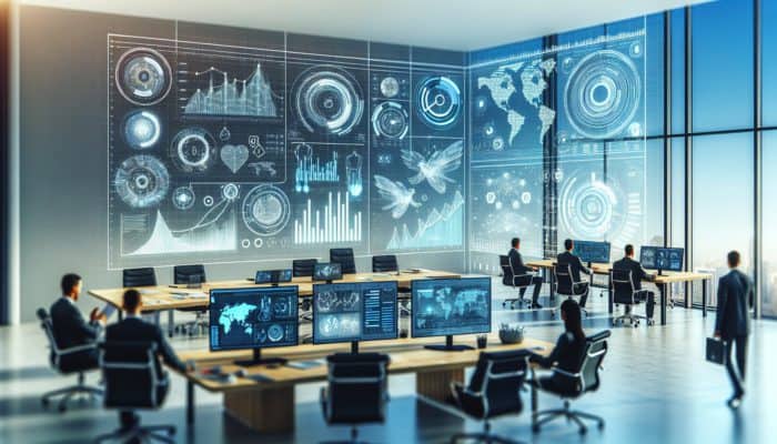 A digital dashboard illustrating sanity metrics and strategic marketing components in a modern office.