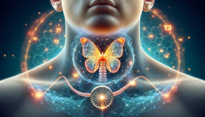 Illustration of thyroid gland in neck, emitting T3 and T4 hormones, with energy flow and hamster wheel background.