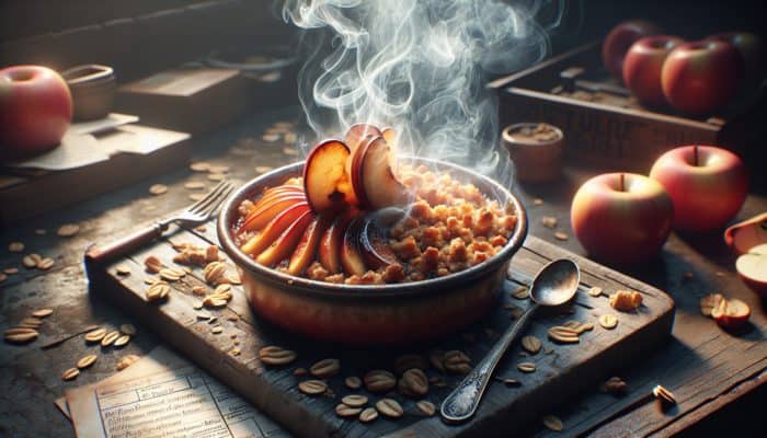 Smoked apple crisp featuring caramelized apples and a crunchy oat topping in a rustic dish.