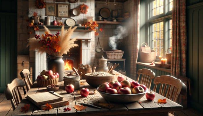 Fresh apples, oats, and smoking wood chips on a rustic wooden table, with fall leaves and a fireplace in the background.