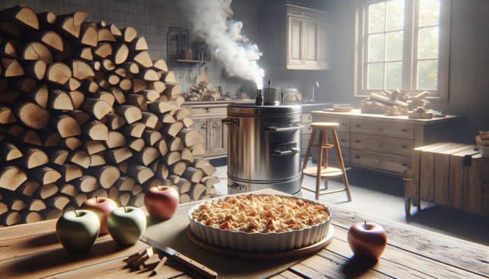 Hickory and applewood logs positioned near a smoker, enhancing the flavor of the apple crisp with oat topping.