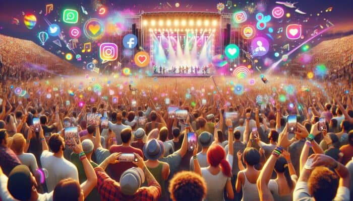 Attendees at a music festival utilizing themed AR filters for vibrant, animated selfies, enhancing social media engagement.