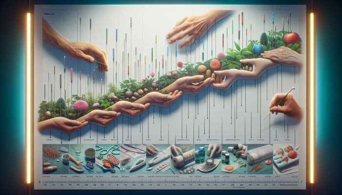 Timeline illustrating acupuncture's integration into UK healthcare, showcasing its evolution from Eastern traditions to Western practices and increased collaboration among practitioners.