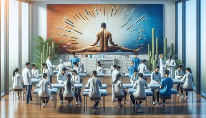 A calm NHS clinic with diverse patients receiving acupuncture, merging traditional and modern healthcare for chronic pain and mental health.