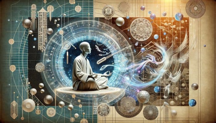 Visual representation of Qi flowing through meridians, with acupuncture needles on a serene figure, symbolizing balance and harmony in a traditional Chinese setting.