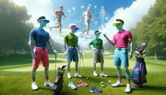 Stylish golf attire including vibrant polo shirts, fashionable visors, and modern golf shoes displayed on a picturesque golf course.