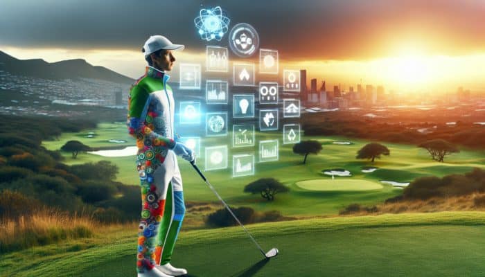 A visionary golfer in 2030 donning a personalized, sustainable outfit on an eco-friendly course during sunset.