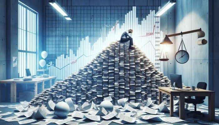 Individual overwhelmed by rising debt, surrounded by bills and a soaring DTI ratio graph in a cluttered office.