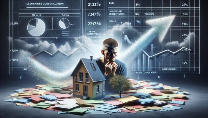 UK homeowner anxiously assesses diminishing home equity amidst rising interest rates, with debt consolidation documents scattered around.