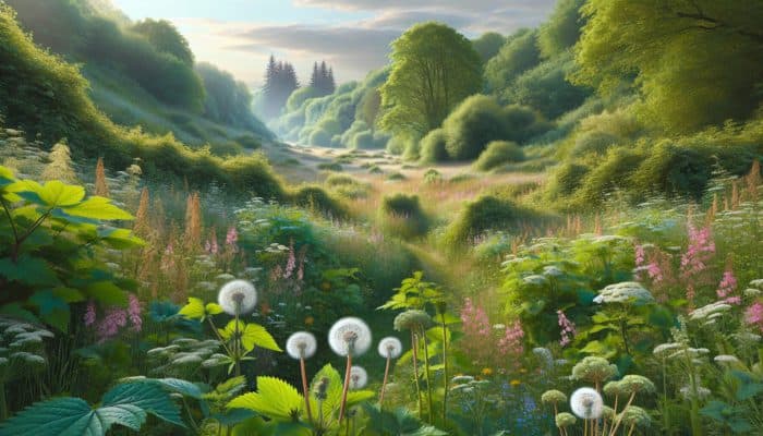 A picturesque view of the UK countryside showcasing blooming nettles, dandelions, and elderflowers in natural settings.