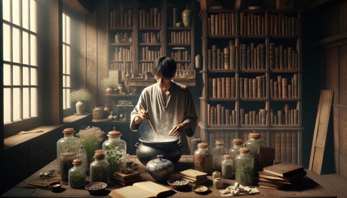 A rustic kitchen scene featuring a person mixing herbal ingredients into a cauldron, surrounded by jars and vintage books under soft natural light.