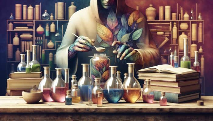 An apothecary setup with labeled herbal elixirs, a person measuring infusion, surrounded by safety and regulation literature.