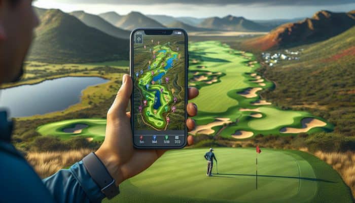 Golfer using a smartphone app with a detailed map of a South African golf course, showcasing diverse terrains and strategic planning.