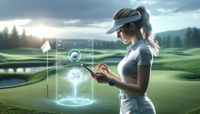 A golfer utilizing a smartphone app on the course for structured practice, progress tracking, and real-time feedback.