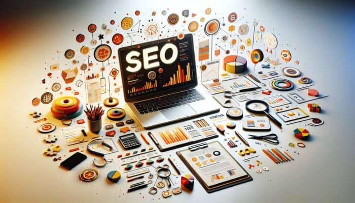 A laptop displaying SEO analytics, surrounded by notes and guides on brand-driven long-tail queries, emphasizing keyword-rich content and a conversational tone.