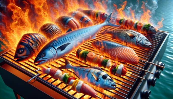 Fatty fish like salmon, tuna, and mackerel grilling, with marinated cod and sole.