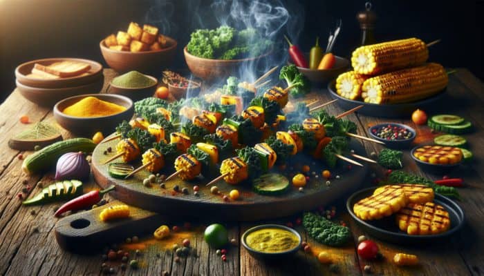 Grilled kale skewers and golden kale-corn fritters on a rustic wooden table, highlighting steam and spices.