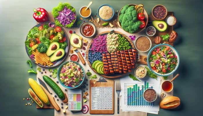 A vibrant BBQ feast featuring superfoods like avocado coleslaw, quinoa salad, and grilled kale, catering to diverse dietary preferences.