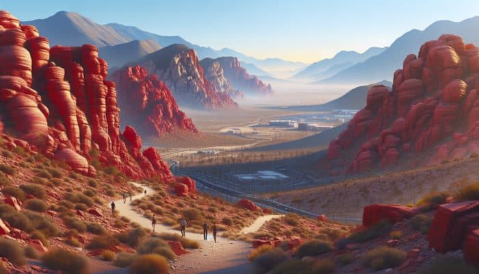 How to Enjoy Vegas Nature on a Budget: Vibrant red rock formations at Red Rock Canyon Loop, near Las Vegas, with hikers on trails during off-peak hours.