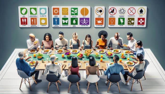 A diverse group enjoying a dinner featuring allergen-free, vegetarian, vegan, and gluten-free dishes at a table adorned with allergy cards.