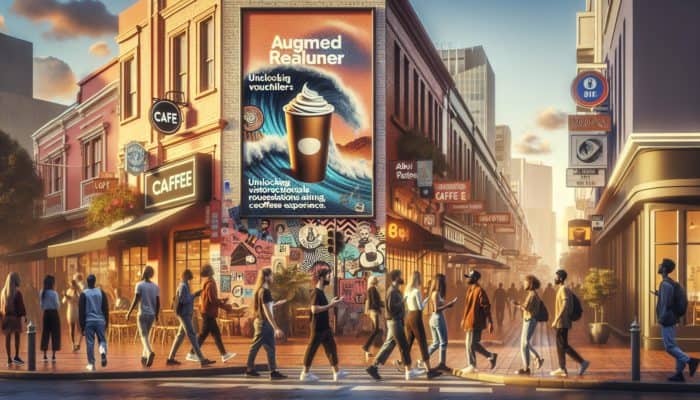 Pedestrians in Cape Town interacting with AR on smartphones to unlock virtual coffee vouchers from a café poster.