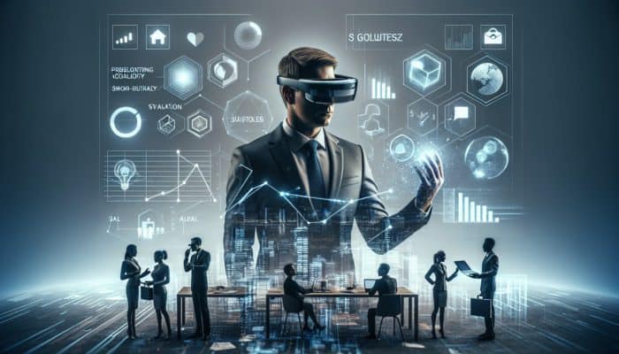 Augmented Reality’s Effect on Small Business Growth: A small business owner utilizing AR glasses to address a challenge, showcasing outcomes to a team in a contemporary office.