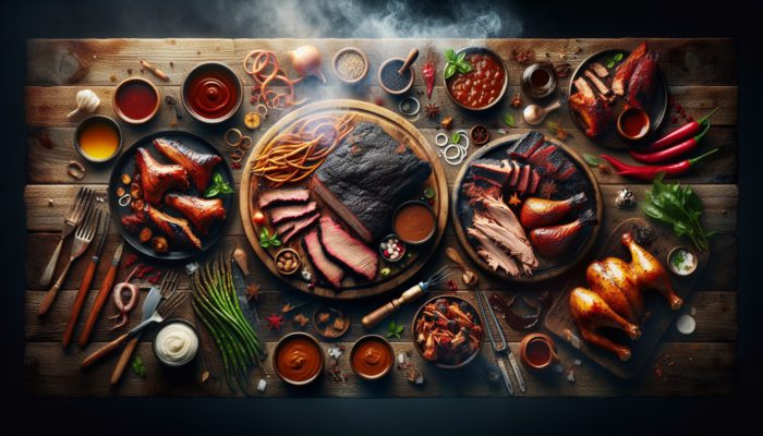 BBQ feast featuring Texas brisket, Carolina pulled pork, and chicken, highlighting regional American flavors.
