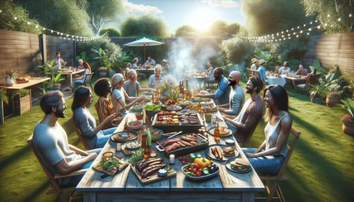 A vibrant BBQ setup showcasing grilled meats, colorful sides, and friends enjoying a feast in a sunlit backyard.