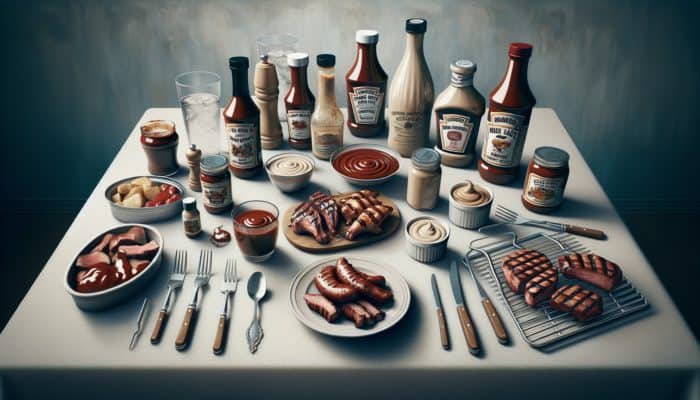 A table displaying Kansas City BBQ sauce in a jar, Alabama white sauce in a bowl, and a custom BBQ sauce in a bottle, complemented by grilling tools and meats.