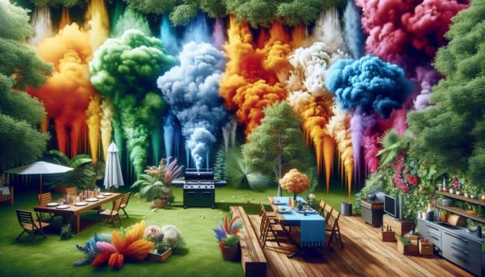 A vibrant BBQ setup featuring various smoke curtains in a lush backyard, displaying different designs and materials.