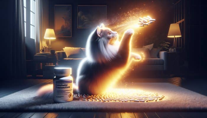 A playful cat engaging with a hairball prevention supplement in a cozy living space.