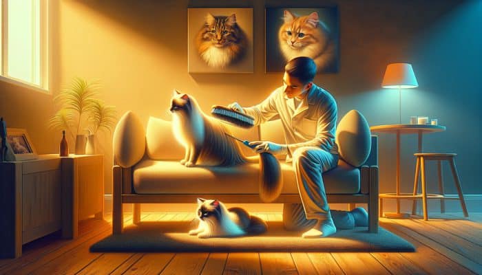 An individual grooming a long-haired cat with a slicker brush and a short-haired cat with a rubber glove in a cozy environment.