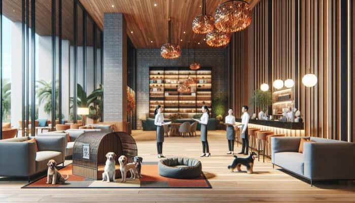 A cozy hotel lobby showcasing a pet-friendly area complete with a pet spa and dog beds, with staff engaging guests and their pets.