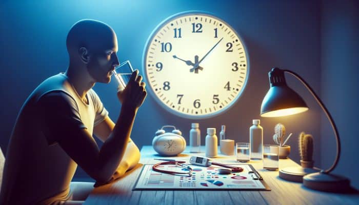 Individual fasting prior to a diabetes blood test, hydrating with water, with a medical chart and clock in the early morning.