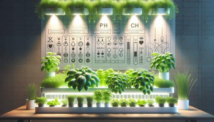 A thriving hydroponic herb garden showcasing basil, mint, cilantro, LED grow lights, and clear water reservoirs.