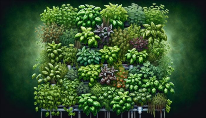 A hydroponic garden flourishing with basil, cilantro, mint, thyme, and oregano, alongside dishes like pasta, salsa, and pizza.