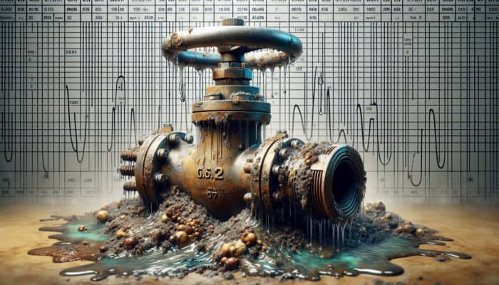 A corroded water valve leaking, surrounded by sediment, alongside temperature gauges.