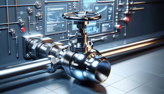 Modern ball valve with a shiny, corrosion-resistant sphere and a quarter-turn handle in a residential plumbing system.