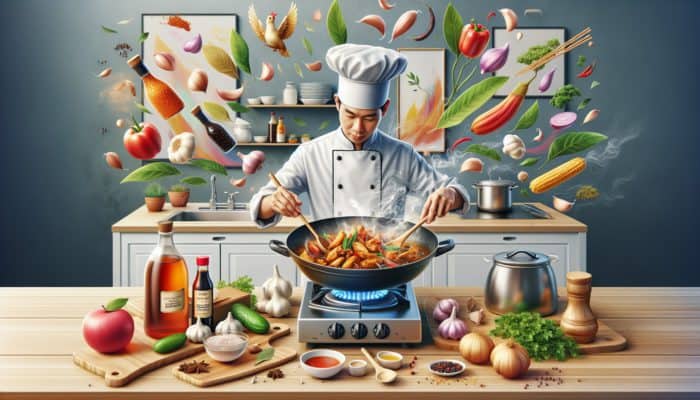 A chef skillfully preparing Filipino adobo with soy sauce, vinegar, garlic, and bay leaves in a vibrant kitchen setting.
