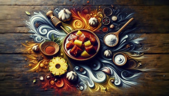 A vibrant adobo dish featuring coconut milk, pineapple, fresh spices, honey, and garlic on a rustic table.