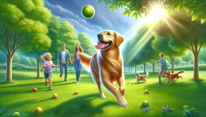 A Golden Retriever joyfully playing fetch in a park with a family, showcasing its friendly and energetic nature.