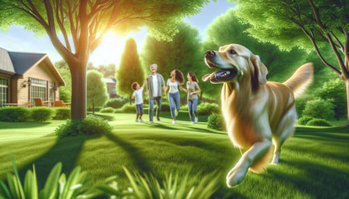 A joyful Golden Retriever playing fetch in a park, strengthening family bonds.