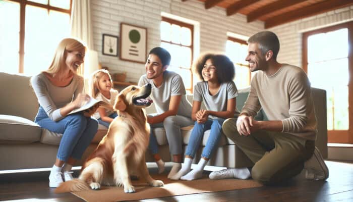 Golden Retriever happily interacting with family, practicing sit, stay, and come commands in the living room.