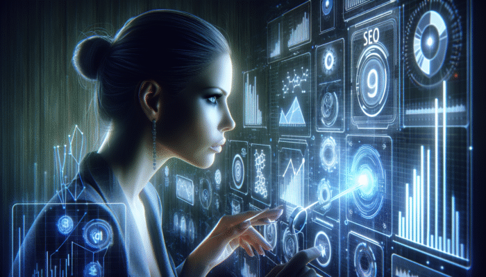 A digital marketing professional analyzing SEO data on a futuristic interface with holographic graphs and keywords, optimizing AEO strategies.