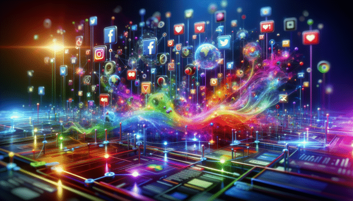 A network of glowing social media icons with content spreading in vibrant waves, symbolizing viral amplification.