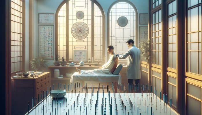 A traditional acupuncture session focusing on critical points for prostate health within a calming clinic setting.