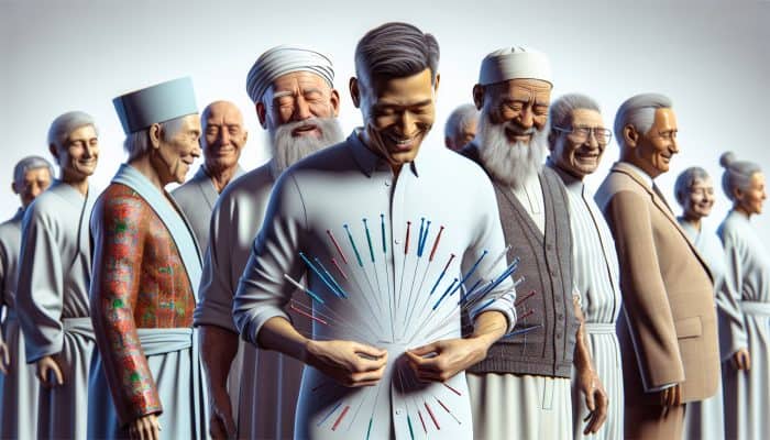 Elderly men smiling and relieved, receiving acupuncture for prostate enlargement, indicating improved urinary health.
