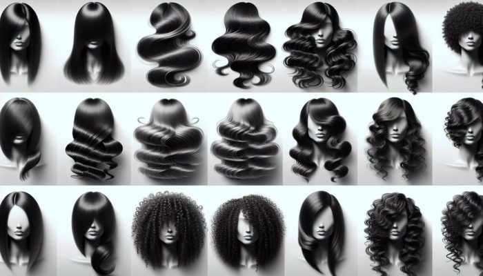 Various hair types with distinct curl patterns styled using specific products: mousse, serum, gel, and cream.