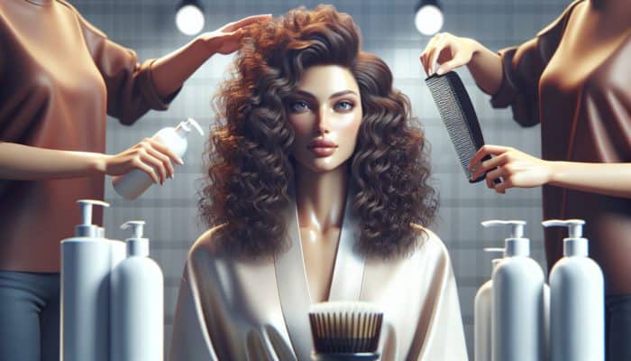 Professional stylist showcasing bouncy, defined curls using curl care products in a contemporary bathroom.